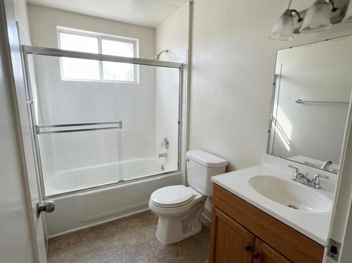 Same bathroom after fixture refresh and surface cleaning