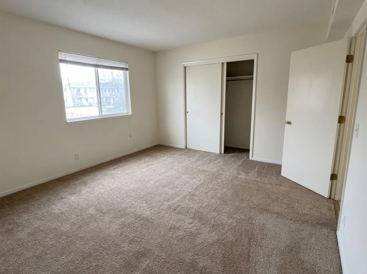 Same bedroom after patching and fresh off-white paint