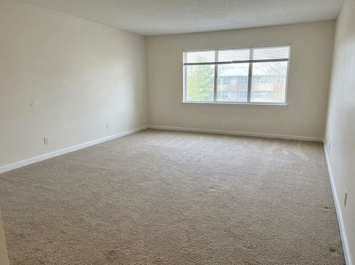 Same living room after patching, fresh neutral paint and carpet cleaning