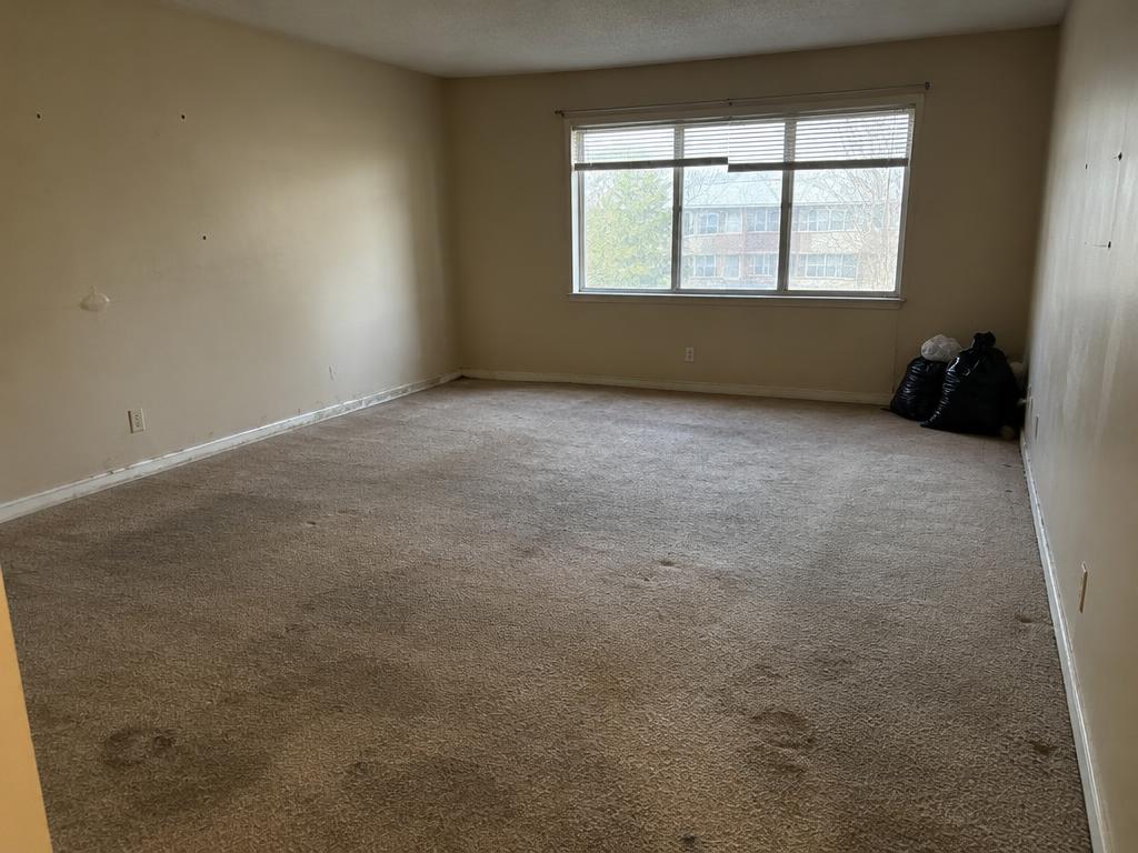 Living room before turnover, with scuffed walls and stained carpet